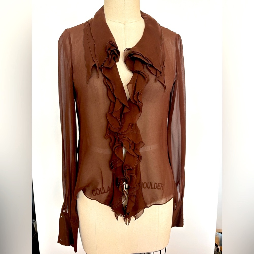 Emanuel Ungaro Brown Sheer Blouse with Ruffled Collar & V-neck, Women’s Size 6